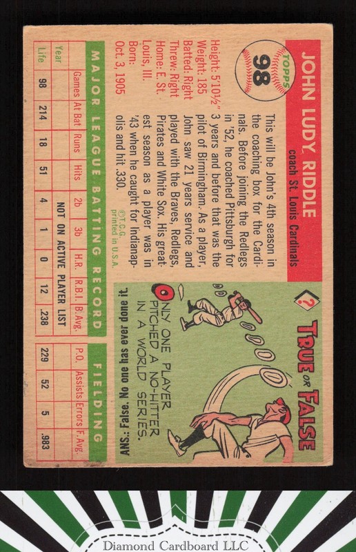 1955 Topps #98 Johnny Riddle VG+ d, back