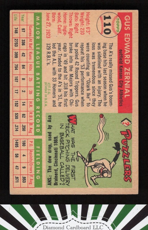 1955 Topps #110 Gus Zernial VGEX e, back