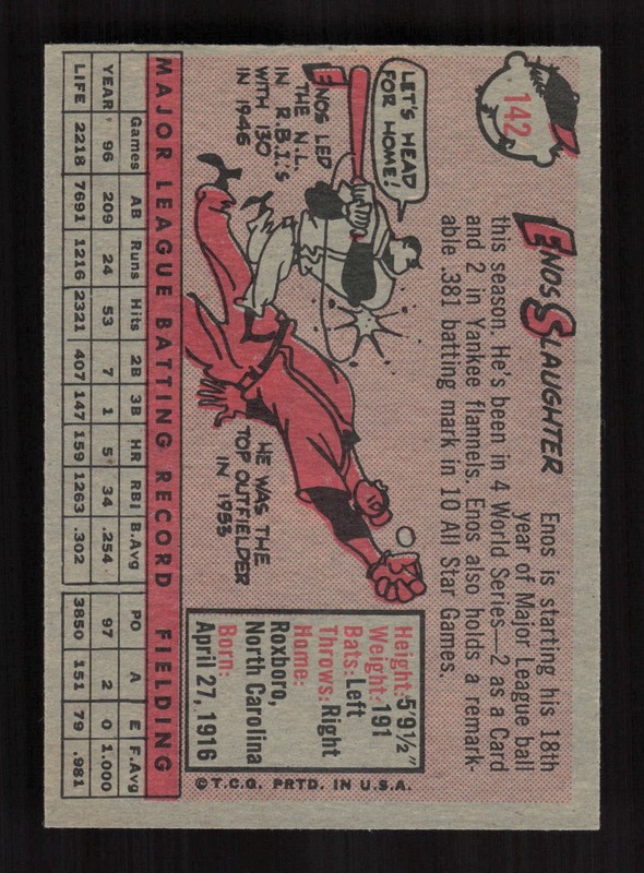 1958 Topps #142 Enos Slaughter EXMT k, back