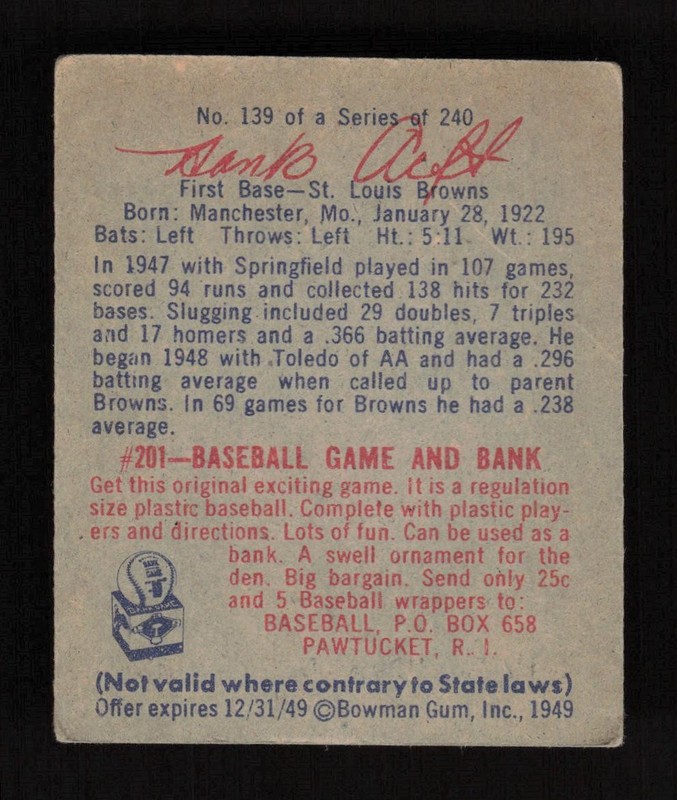 1949 Bowman #139 Hank "Bow-Wow" Arft VGEX, back