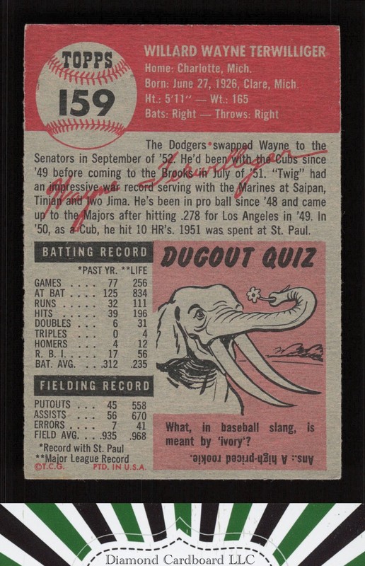 1953 Topps #159 Wayne Terwilliger : Bio uses white text VGEX i, back