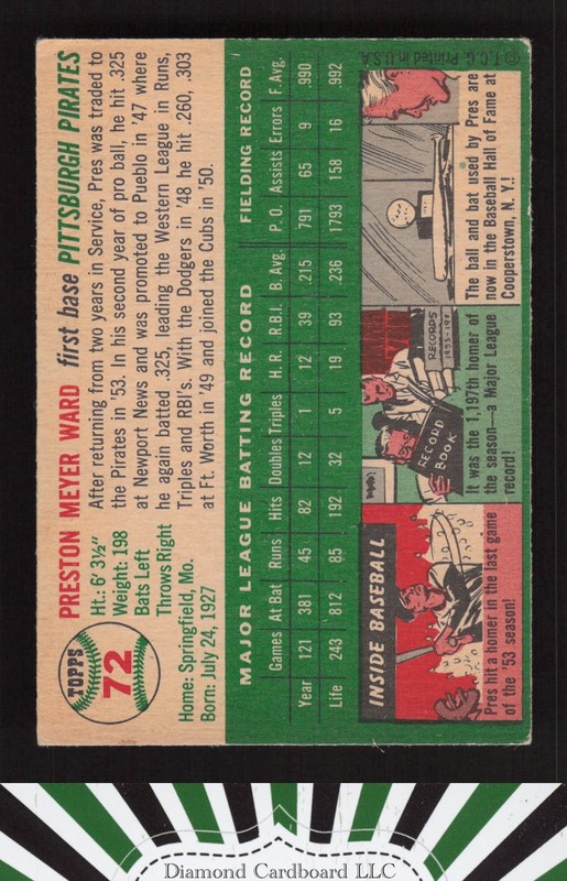 1954 Topps #72 Preston Ward VG+ g, back