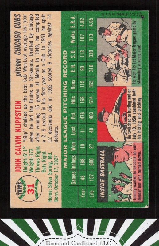 1954 Topps #31 Johnny Klippstein EX b, back