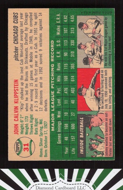 1954 Topps #31 Johnny Klippstein EXMT+ h, back