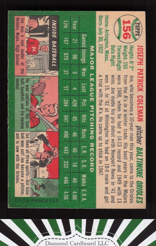 1954 Topps #156 Joe Coleman EXMT m, back