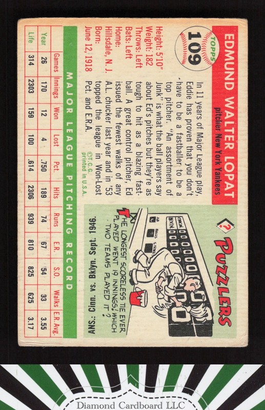 1955 Topps #109 Ed Lopat GD a, back