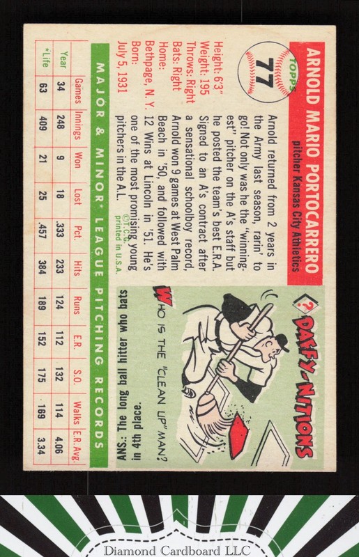 1955 Topps #77 Arnold Portocarrero EX+ [GOOD EYE APPEAL] n, back