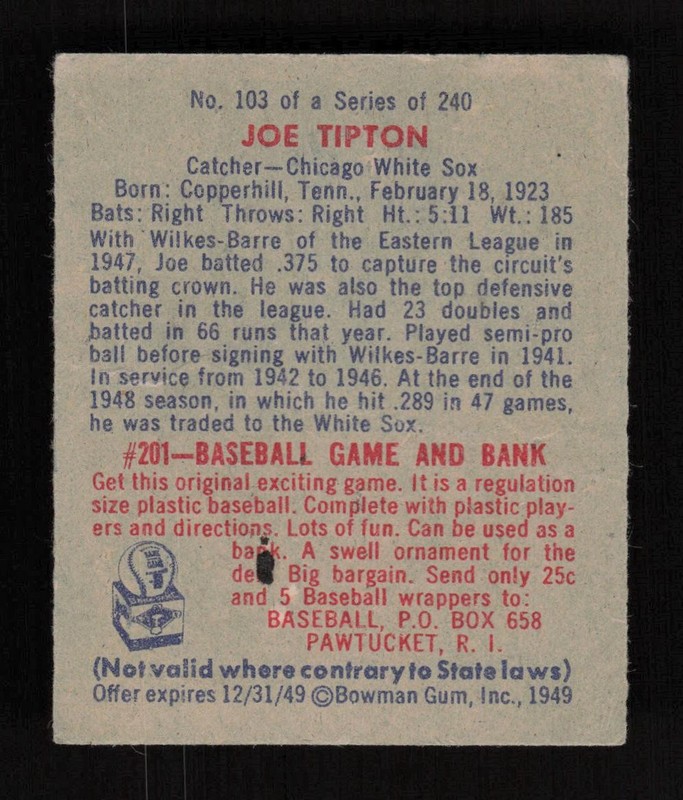 1949 Bowman #103 Joe Tipton VG+ [DEAD CENTERED], back