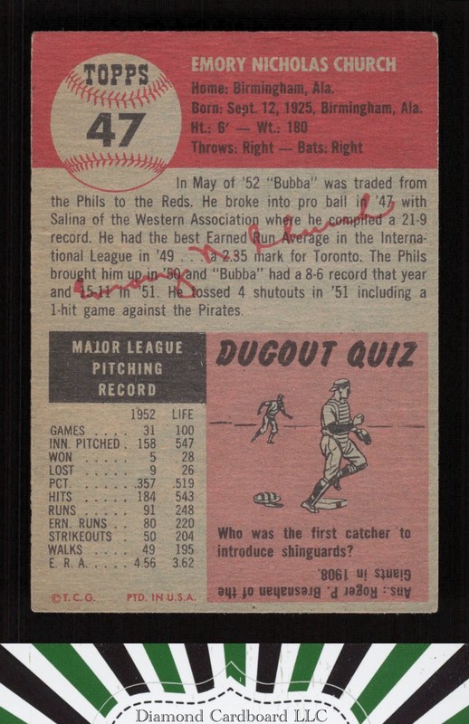1953 Topps #47 Bubba Church VGEX d, back