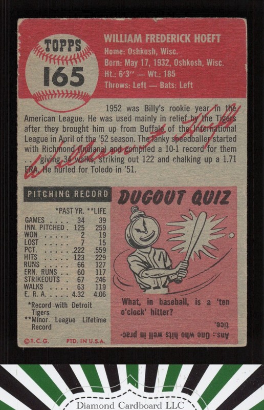 1953 Topps #165 Billy Hoeft : Bio uses white text VG h, back