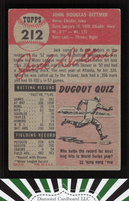 1953 Topps #212 Jack Dittmer VG c, back