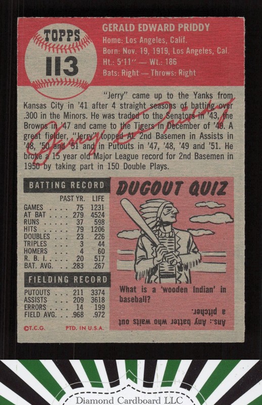 1953 Topps #113 Jerry Priddy : Bio uses white text VG+ g, back