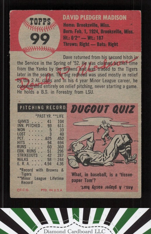 1953 Topps #99 Dave Madison : Bio uses black text VGEX f, back