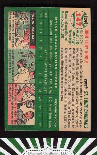 1954 Topps #147 Johnny Riddle EX f, back