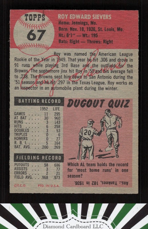 1953 Topps #67 Roy Sievers NM g, back
