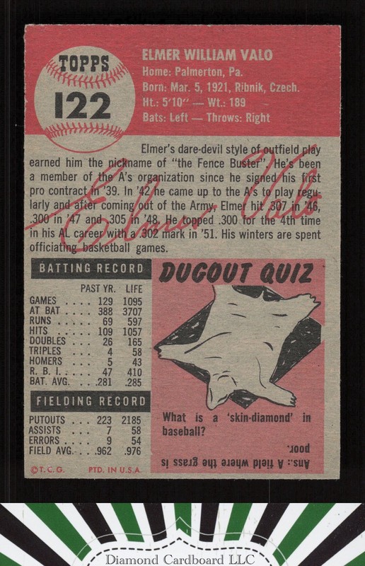 1953 Topps #122 Elmer Valo : Bio uses white text EX g, back