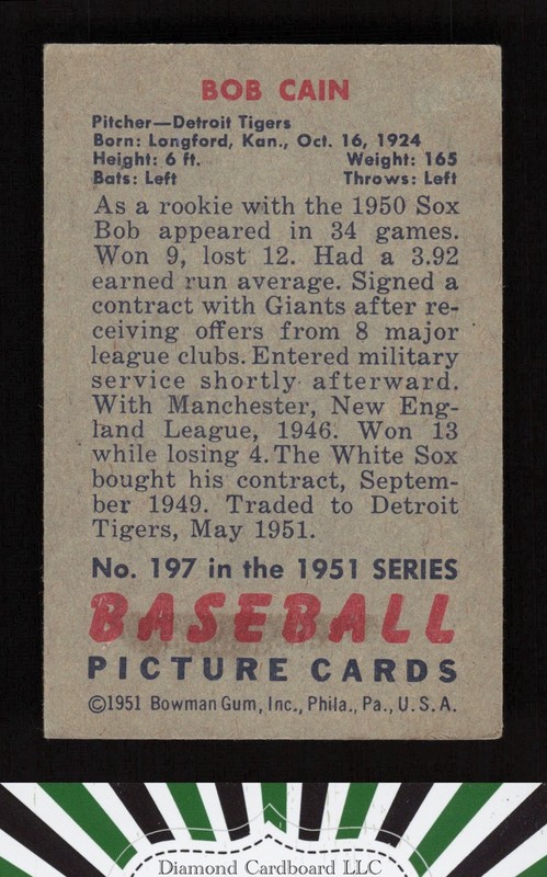 1951 Bowman #197 Bob Cain VGEX [CENTERED], back