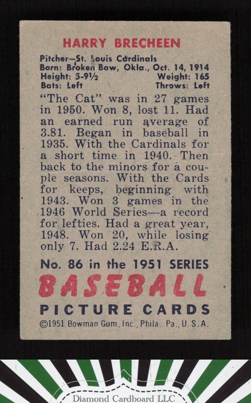 1951 Bowman #86 Harry Brecheen VGEX+, back