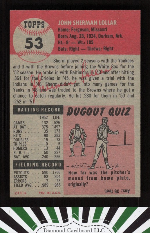 1953 Topps #53 Sherm Lollar EX+ i, back