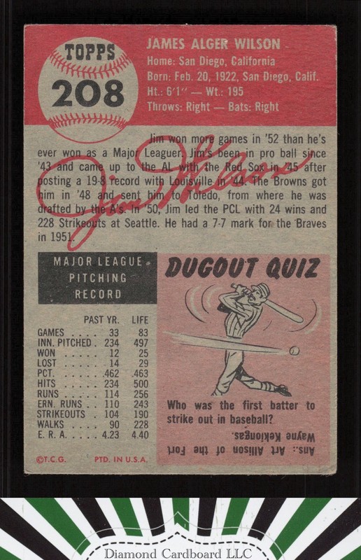 1953 Topps #208 Jim Wilson VG b, back