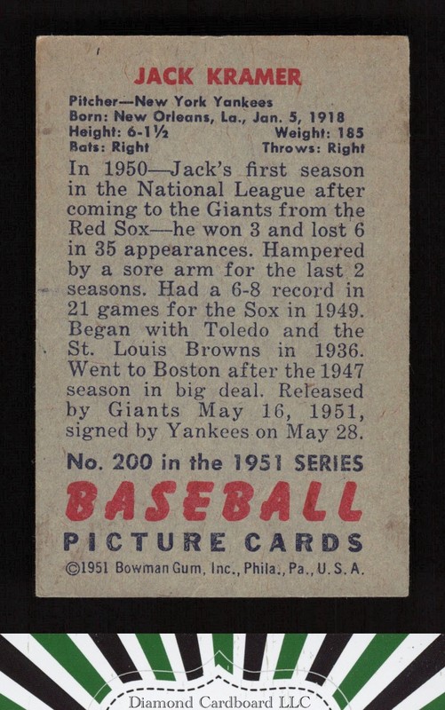 1951 Bowman #200 Jack Kramer VGEX [CENTERED], back