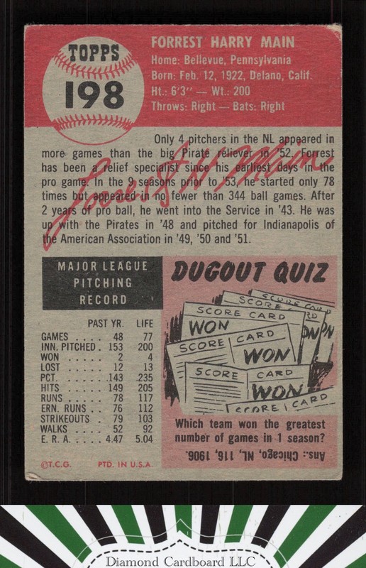 1953 Topps #198 Forrest Main GD+ i, back