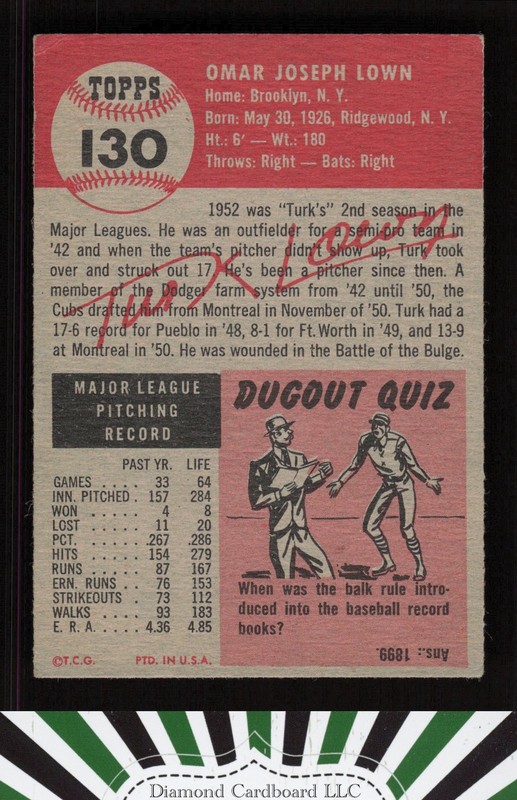 1953 Topps #130 Turk Lown : Bio uses white text VGEX a, back