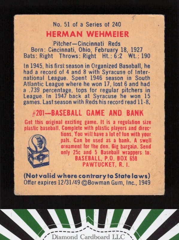 1949 Bowman #51 Herman Wehmeier VGEX [CENTERED] a, back