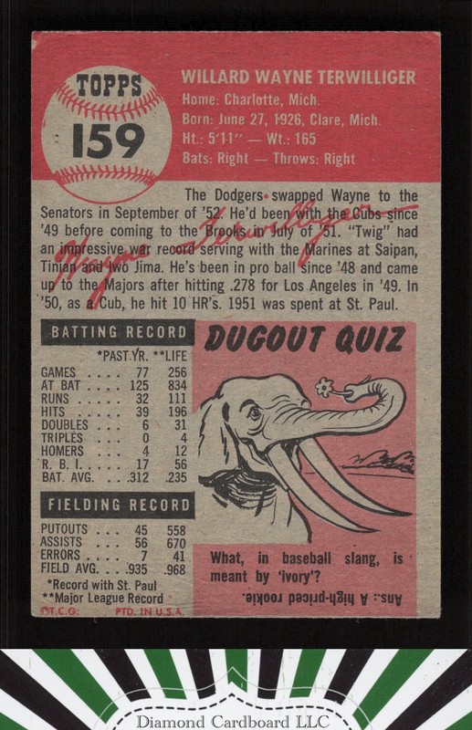 1953 Topps #159 Wayne Terwilliger : Bio uses white text VGEX (MC) f, back