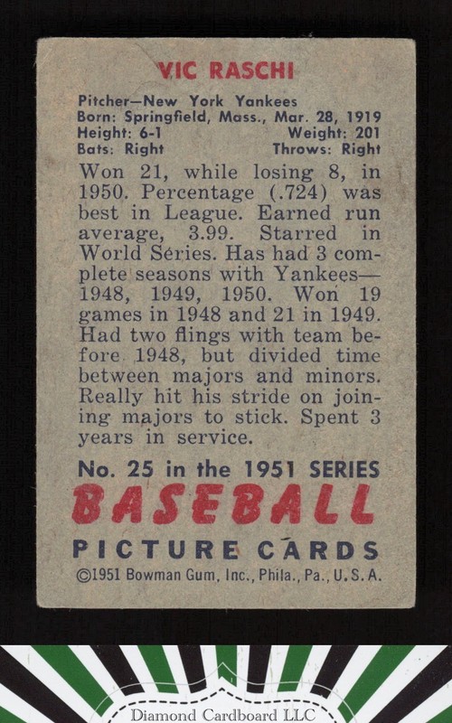 1951 Bowman #25 Vic Raschi IP Autograph, back