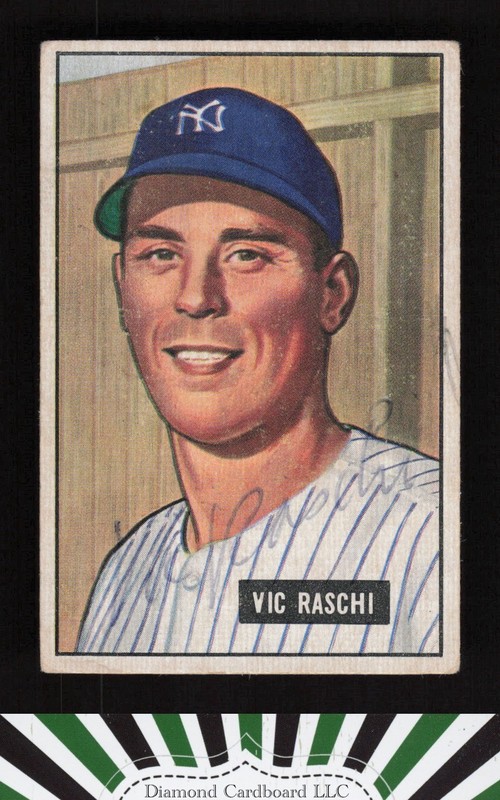 1951 Bowman #25 Vic Raschi IP Autograph, front