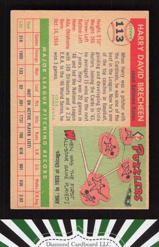 1955 Topps #113 Harry Brecheen EX p, back