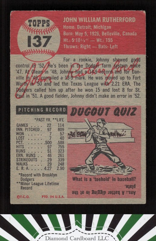 1953 Topps #137 John Rutherford : Bio uses white text FR b, back