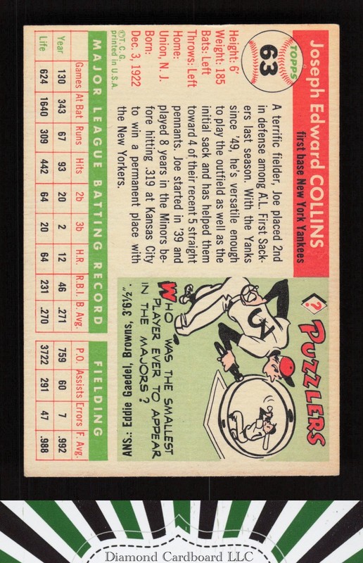 1955 Topps #63 Joe Collins EX o, back