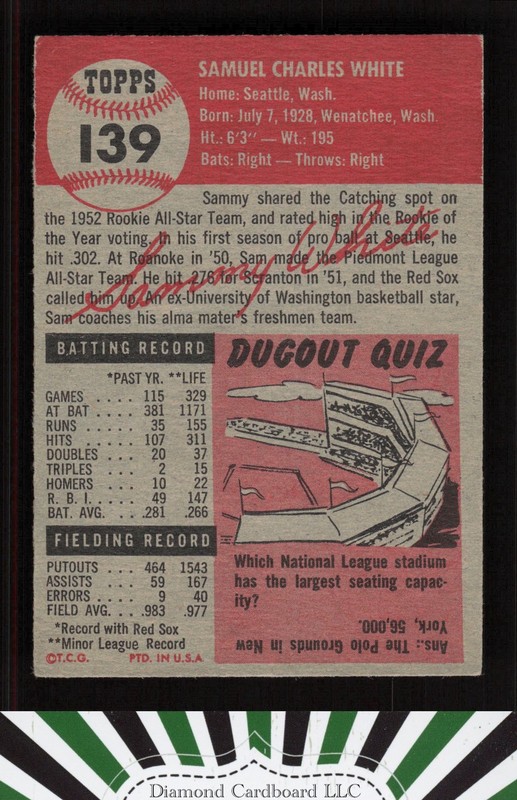 1953 Topps #139 Sammy White : Bio uses white text GD+ [CENTERED] h, back
