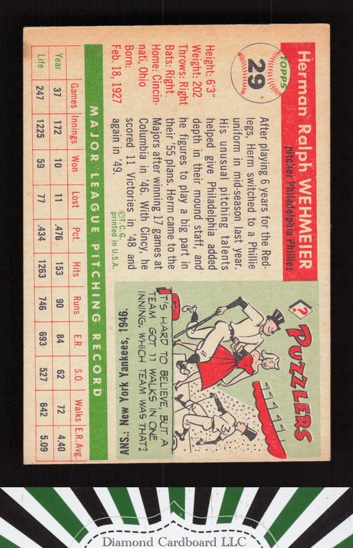 1955 Topps #29 Herman Wehmeier VGEX+ r, back