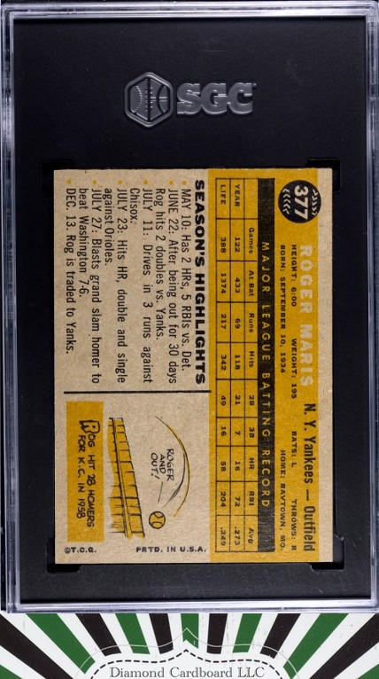 1960 Topps #377 Roger Maris SGC 6, back