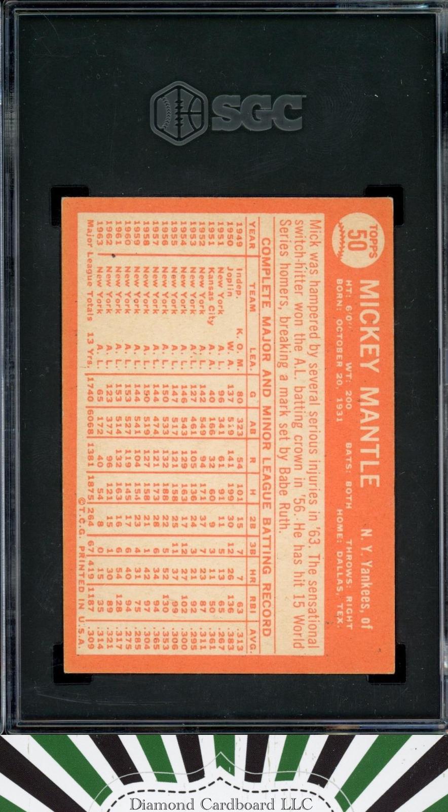 1964 Topps #50 Mickey Mantle SGC 5 [NICE EYE APPEAL], back