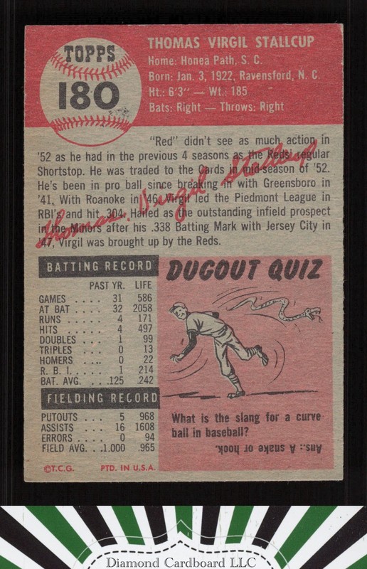 1953 Topps #180 Virgil Stallcup EX i, back