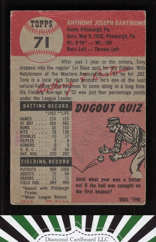 1953 Topps #71 Tony Bartirome FR b, back