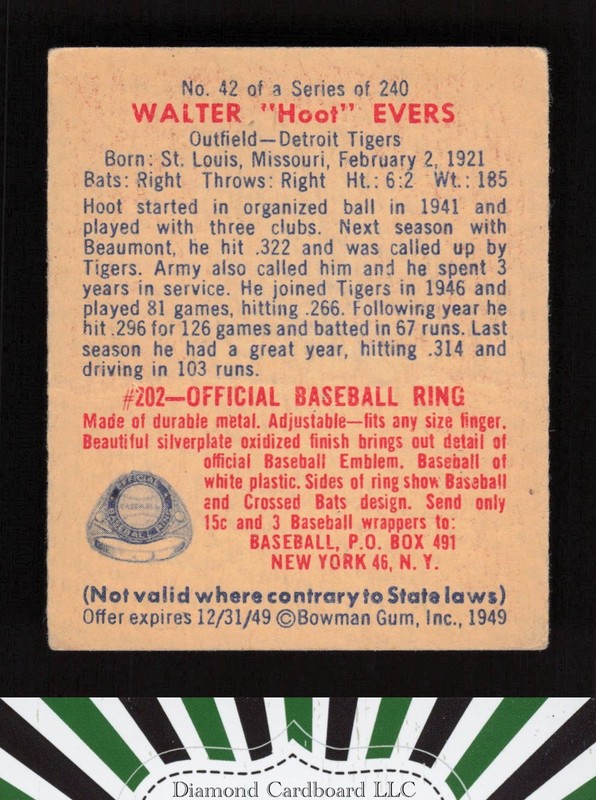 1949 Bowman #42 Walter "Hoot" Evers FR a, back