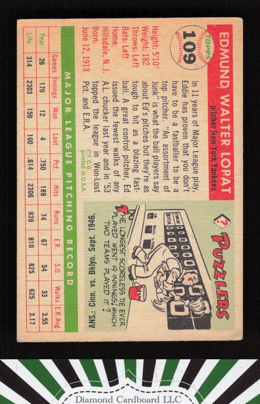 1955 Topps #109 Ed Lopat GD b, back