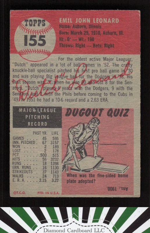 1953 Topps #155 Dutch Leonard : Bio uses black text GD+ b, back