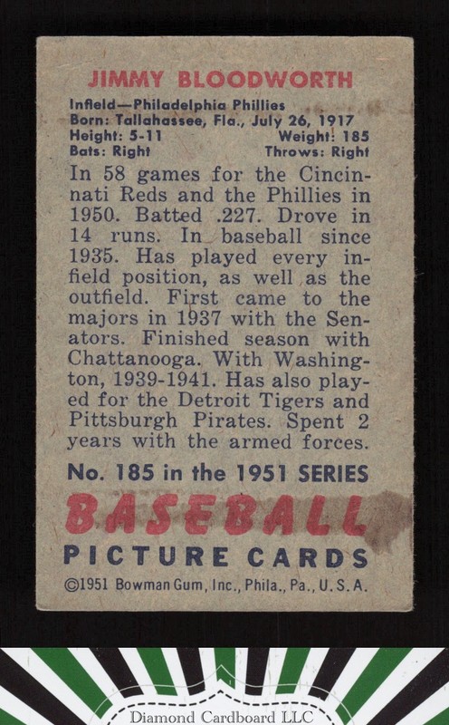 1951 Bowman #185 Jimmy Bloodworth VGEX, back