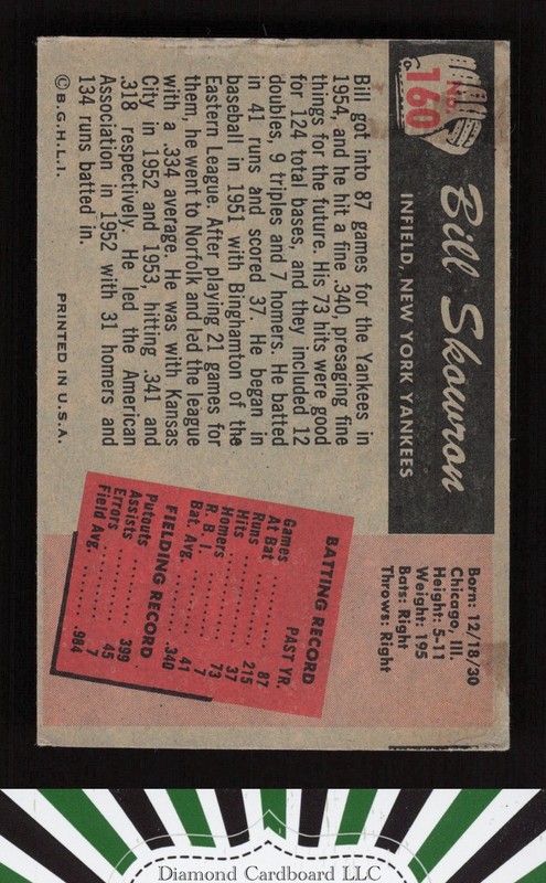 1955 Bowman #160 Bill Skowron VGEX, back