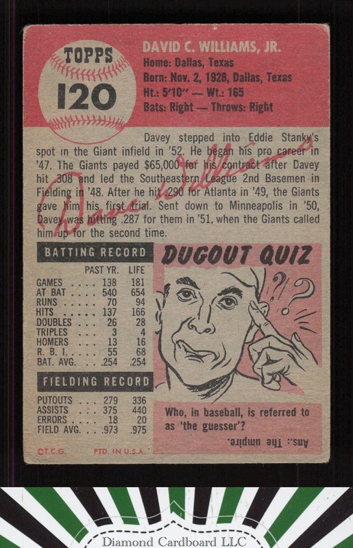 1953 Topps #120 Davey Williams : Bio uses black text GD c, back