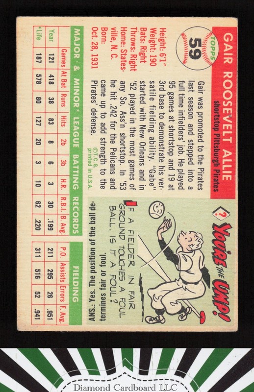 1955 Topps #59 Gair Allie VG d, back