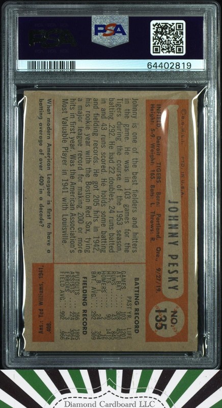 1954 Bowman #135 Johnny Pesky PSA 5 [STUNNING EYE APPEAL], back