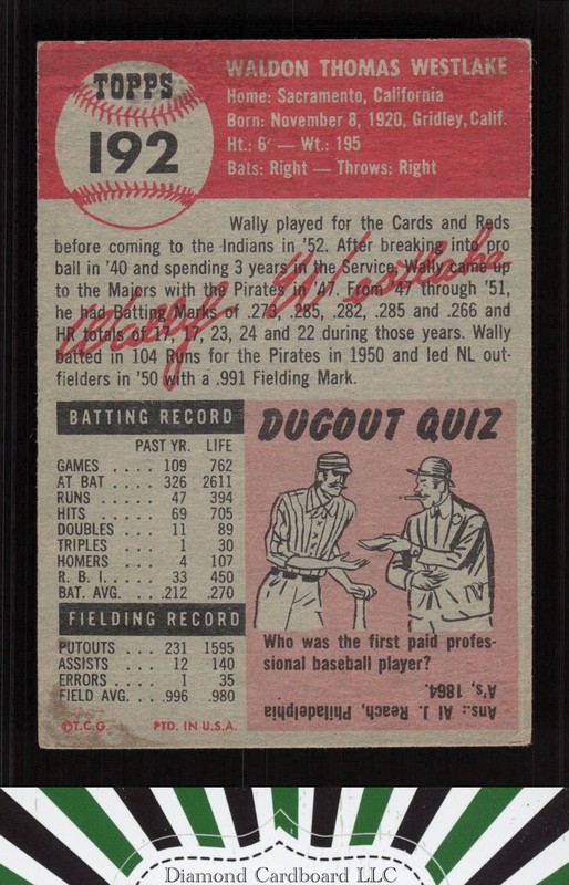 1953 Topps #192 Wally Westlake GD+ i, back