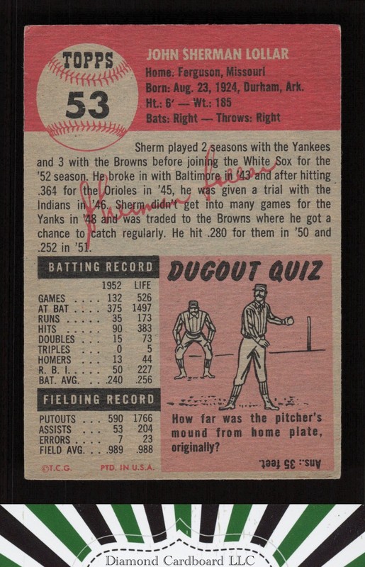 1953 Topps #53 Sherm Lollar VGEX h, back